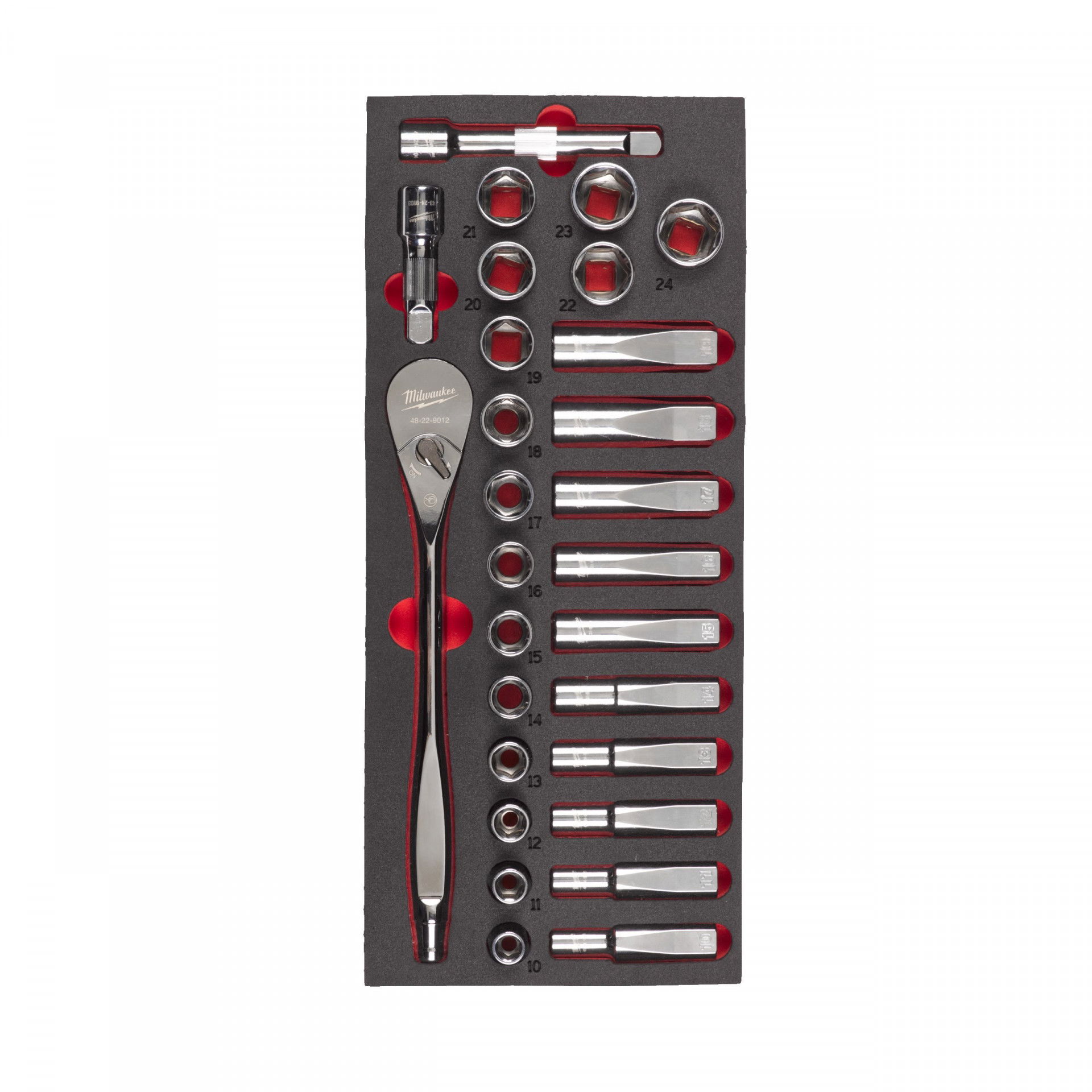 Milwaukee 1/2"-os racsni és dugókulcs készlet habbetétben, metrikus méret, 28 darabos termék fő termékképe